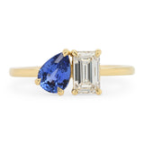 Custom Blue Pear Cut Sapphire and Emerald Cut Diamond Toi Et Moi  Ring