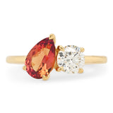 Custom Pear Cut Orange Sapphire and Round Cut Diamond Toi Et Moi Ring