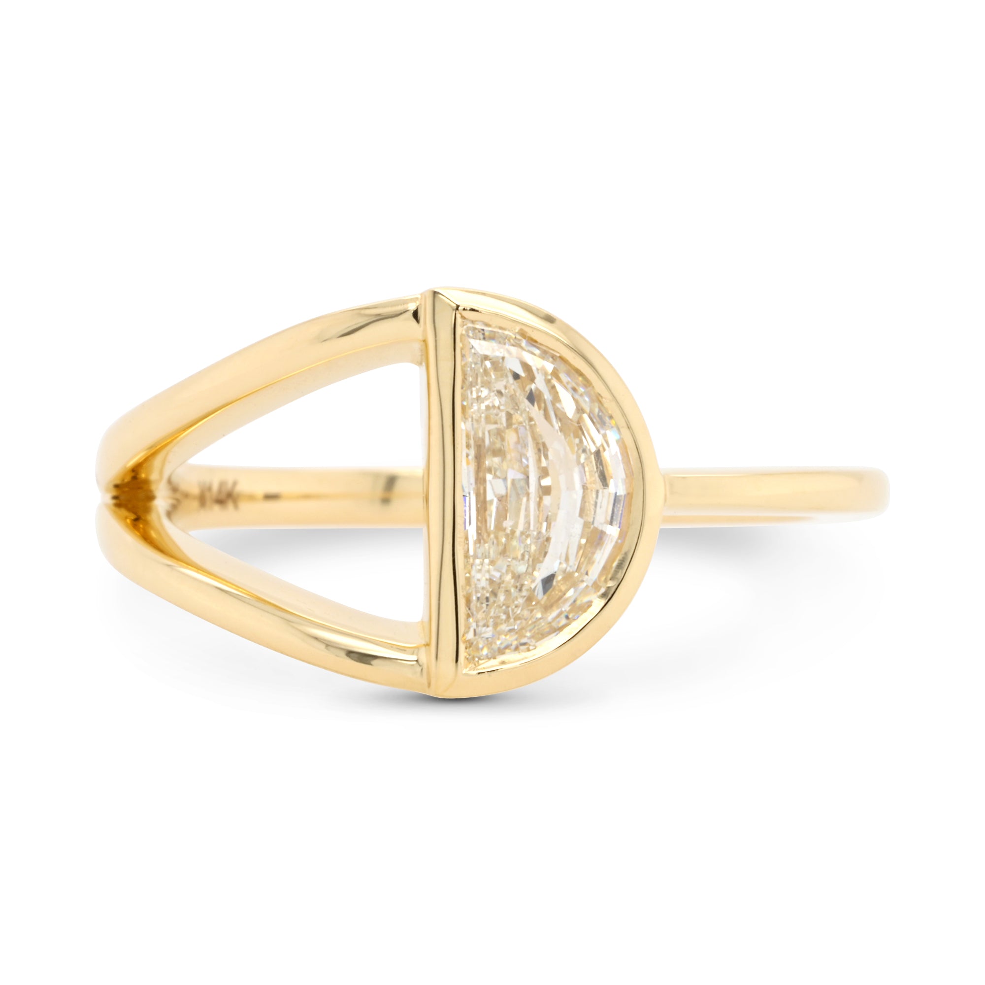 Half moon diamond in a split shank 14k yellow gold engagement ring setting