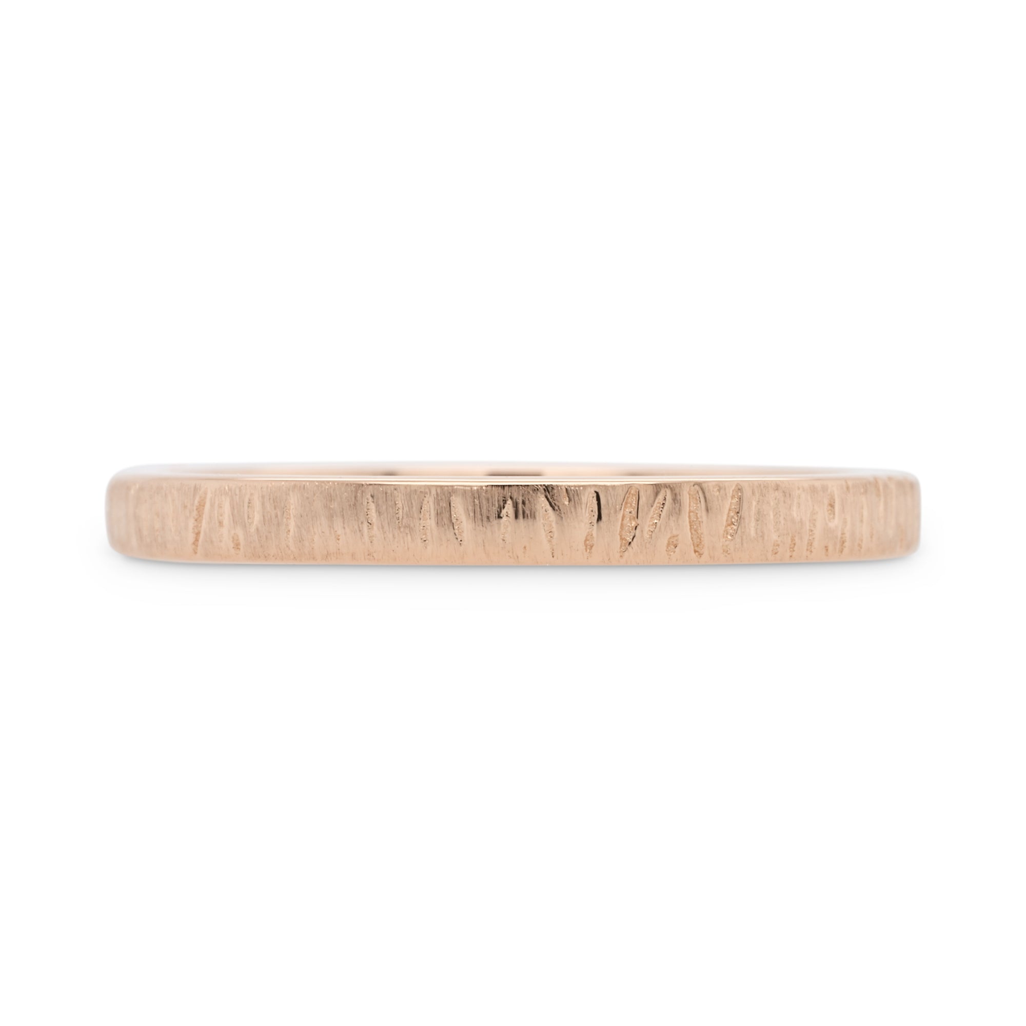 2mm rose gold wedding band with carved woodgrain texture