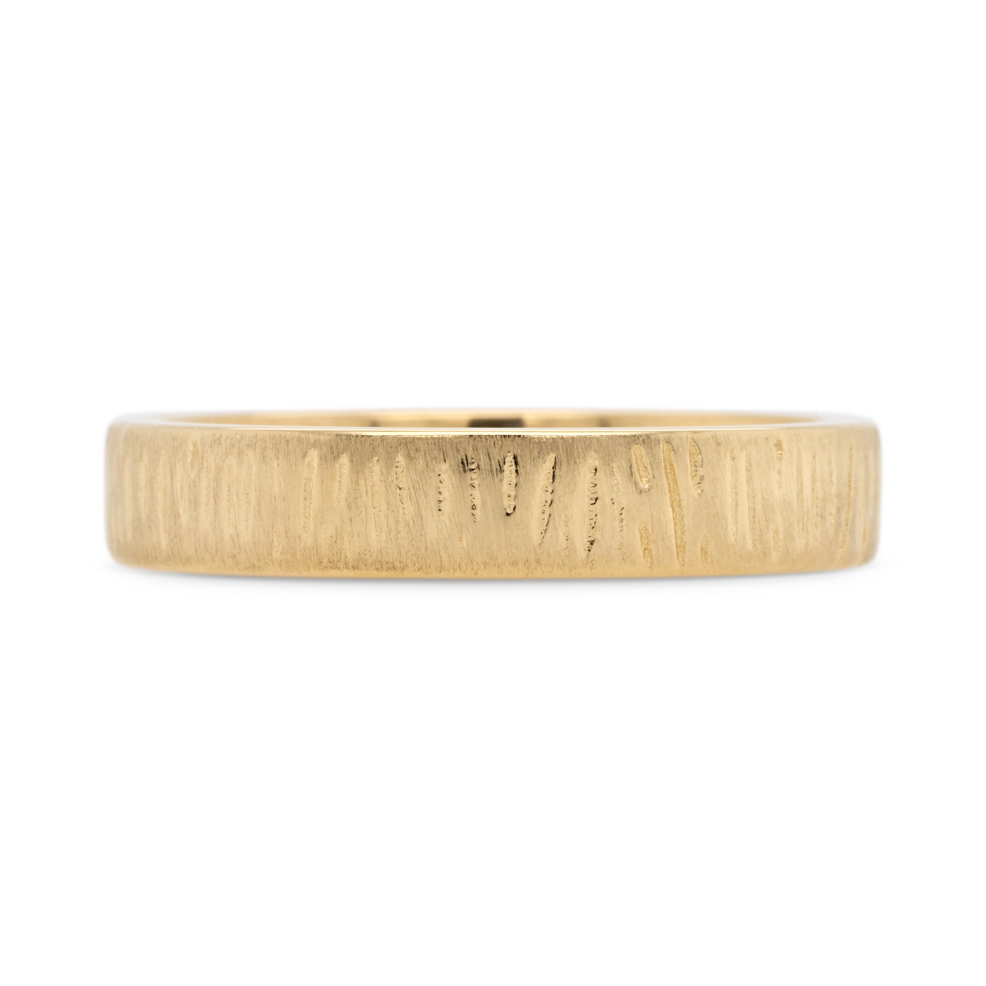 4mm yellow gold wedding band with carved woodgrain texture