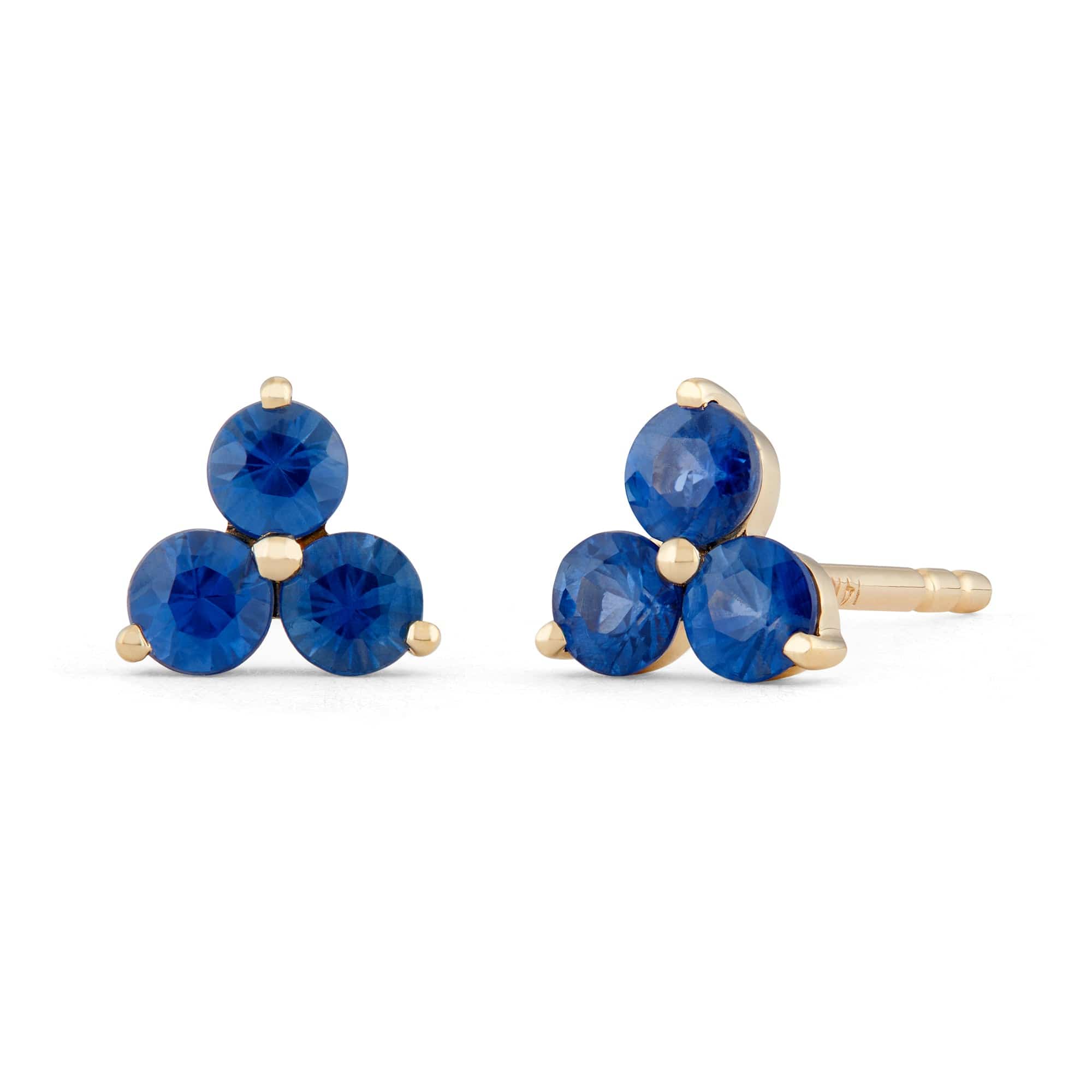 14k yellow gold stud earrings with 3 blue sapphires arranged in a floral shape
