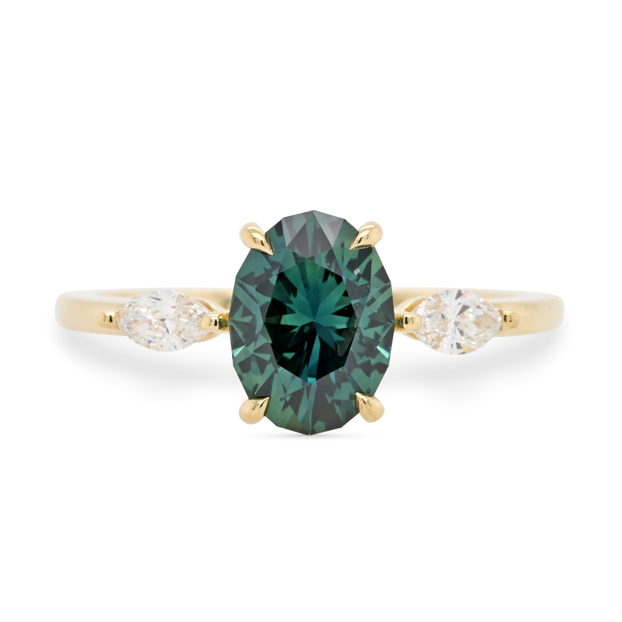 14k yellow gold teal green oval sapphire and marquise diamond engagement ring