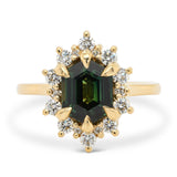 Custom Hexagon Teal Sapphire & Diamond Halo Ring