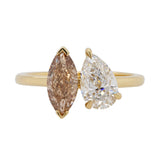 Custom Fancy Brown Marquise Cut and Colorless Pear Cut Diamond Toi Et Moi Ring
