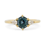 Custom Teal Hexagon Sapphire & Diamond Three Stone Engagement Ring