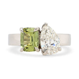 Custom Green Cushion Sapphire & Pear Lab Grown Diamond Toi et Moi Engagement Ring
