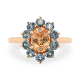 Custom Peach and Blue Sapphire Halo Engagement Ring