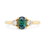 Custom Teal Oval Cut Sapphire & Diamond Three Stone Engagement Ring