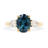 Custom Oval Cut Teal Sapphire and Diamond Three Stone Engagement Ring