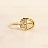 Unique Half moon diamond in a split shank 14k yellow gold engagement ring setting
