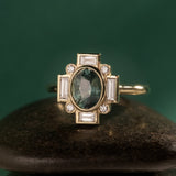 1.46ct Art Deco Oval Teal Sapphire & Lab Grown Diamond Accents Engagement Ring