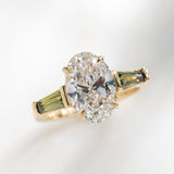 3.0ct Zara Oval Lab Grown Diamond & Tapered Baguette Green Australian Sapphire Engagement Ring