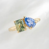 Gemma Emerald Cut Green Sapphire & Pear Blue Sapphire Engagement Ring