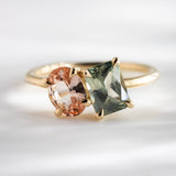 Gemma Radiant Cut Green Sapphire & Oval Peach Sapphire Engagement Ring