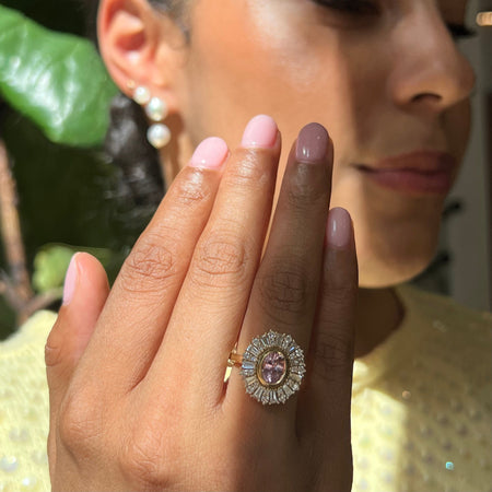 halo ballerina diamonds with pink sapphire ring