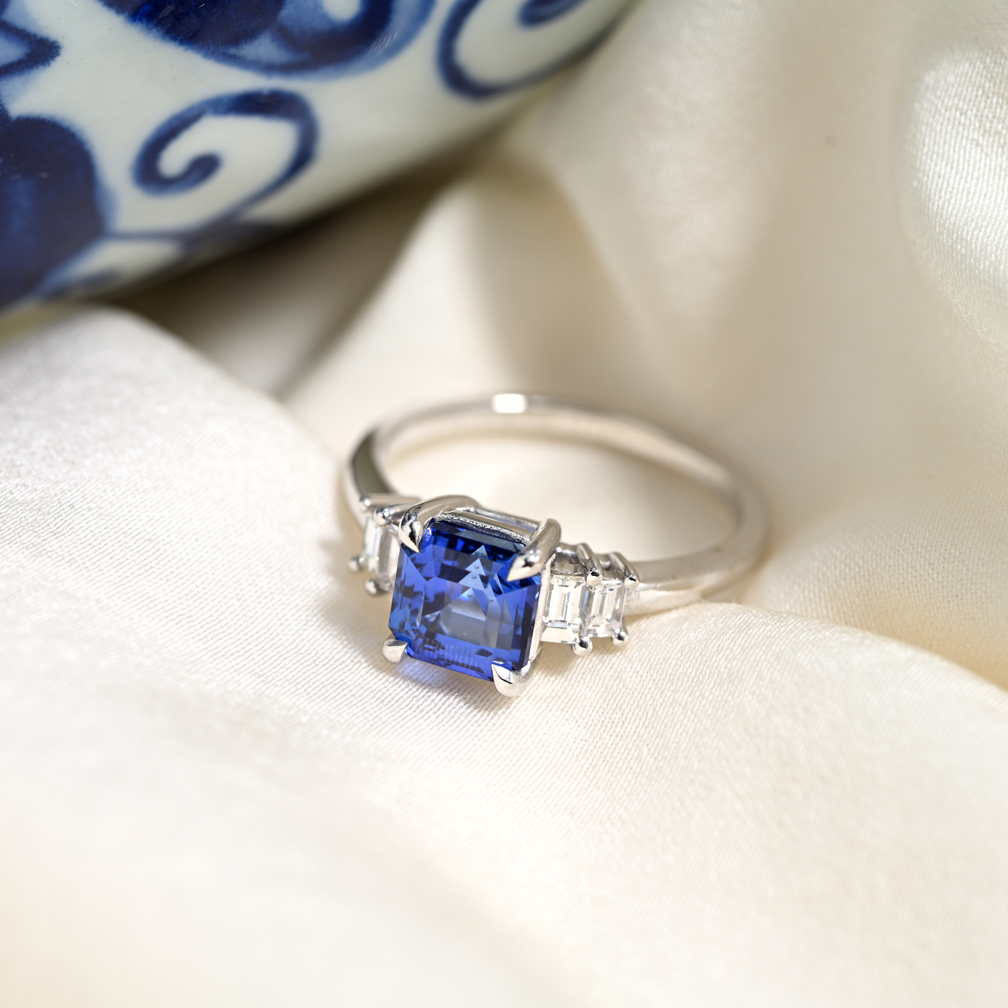 1.60ct Asscher Step Cut Sapphire and Diamond Low Profile Ring in 14k Y –  Anueva Jewelry
