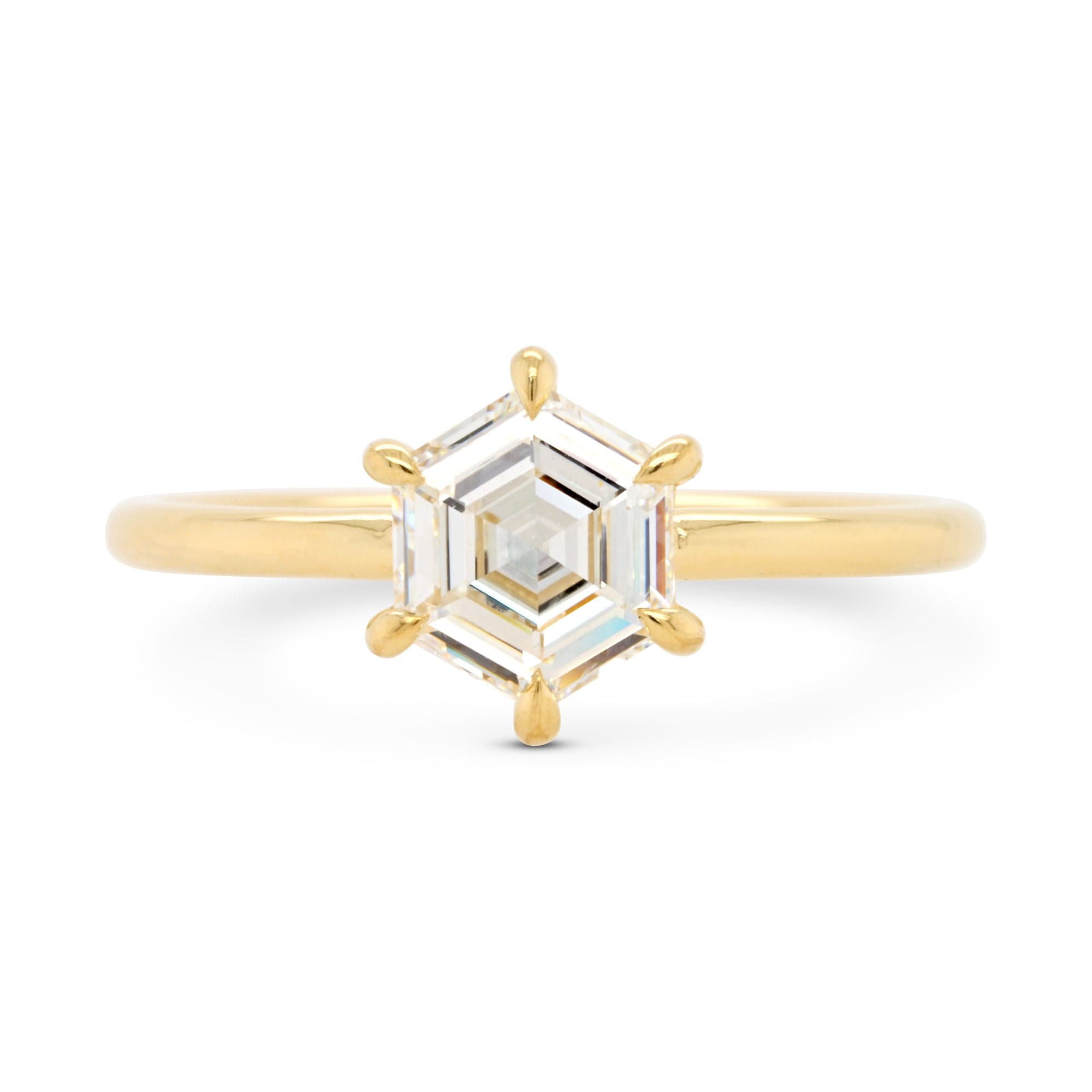 Modern hexagon diamond engagement ring 14k yellow gold solitaire setting with six prongs