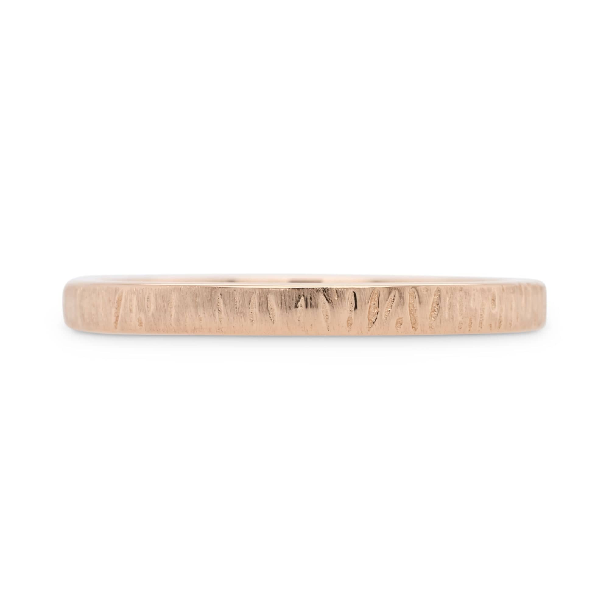 2mm rose gold wedding band with carved woodgrain texture