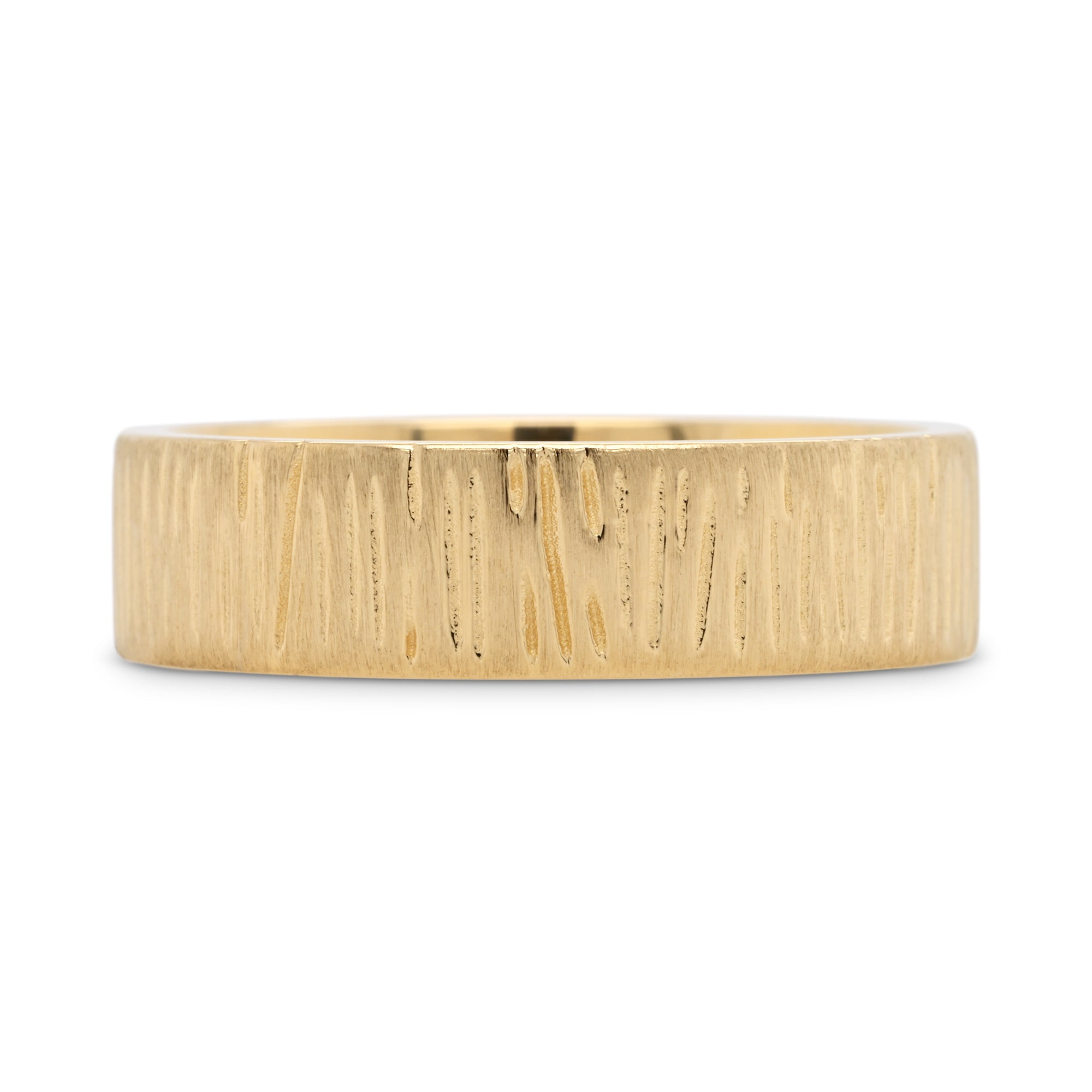 6mm yellow gold wedding band with carved woodgrain texture