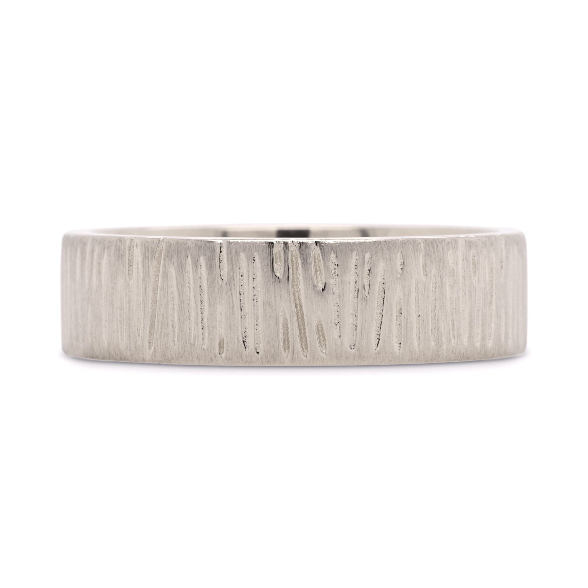 6mm white gold wedding band with carved woodgrain texture