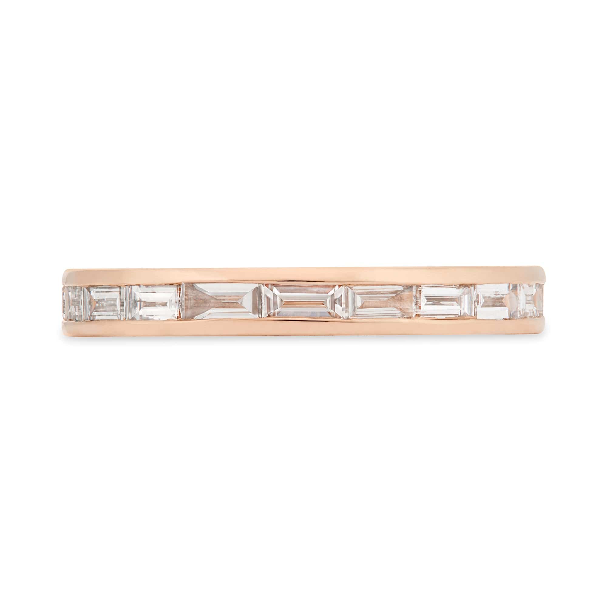 Channel set baguette diamond wedding band in rose gold