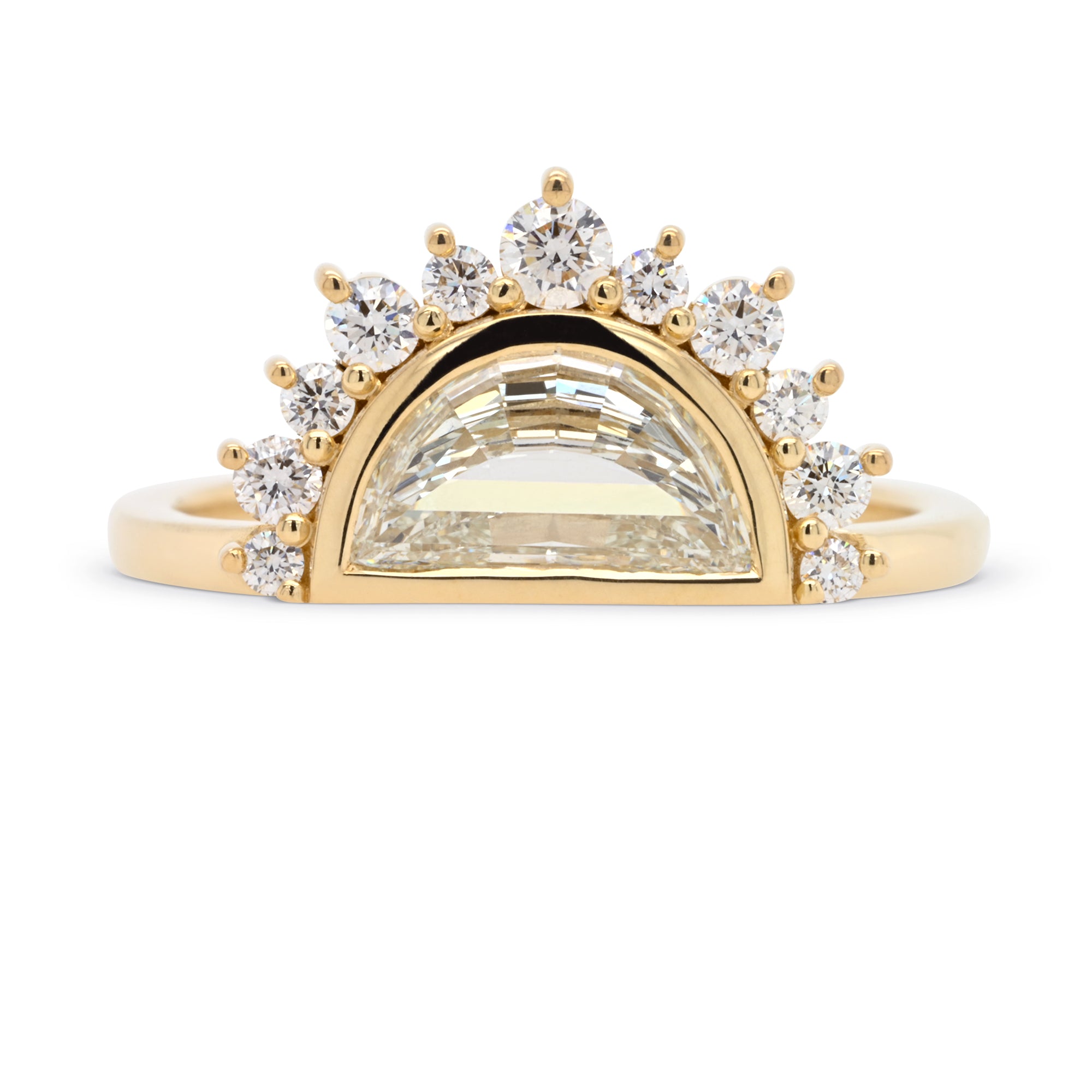 Half moon diamond engagement ring in a unique 14k yellow gold halo setting