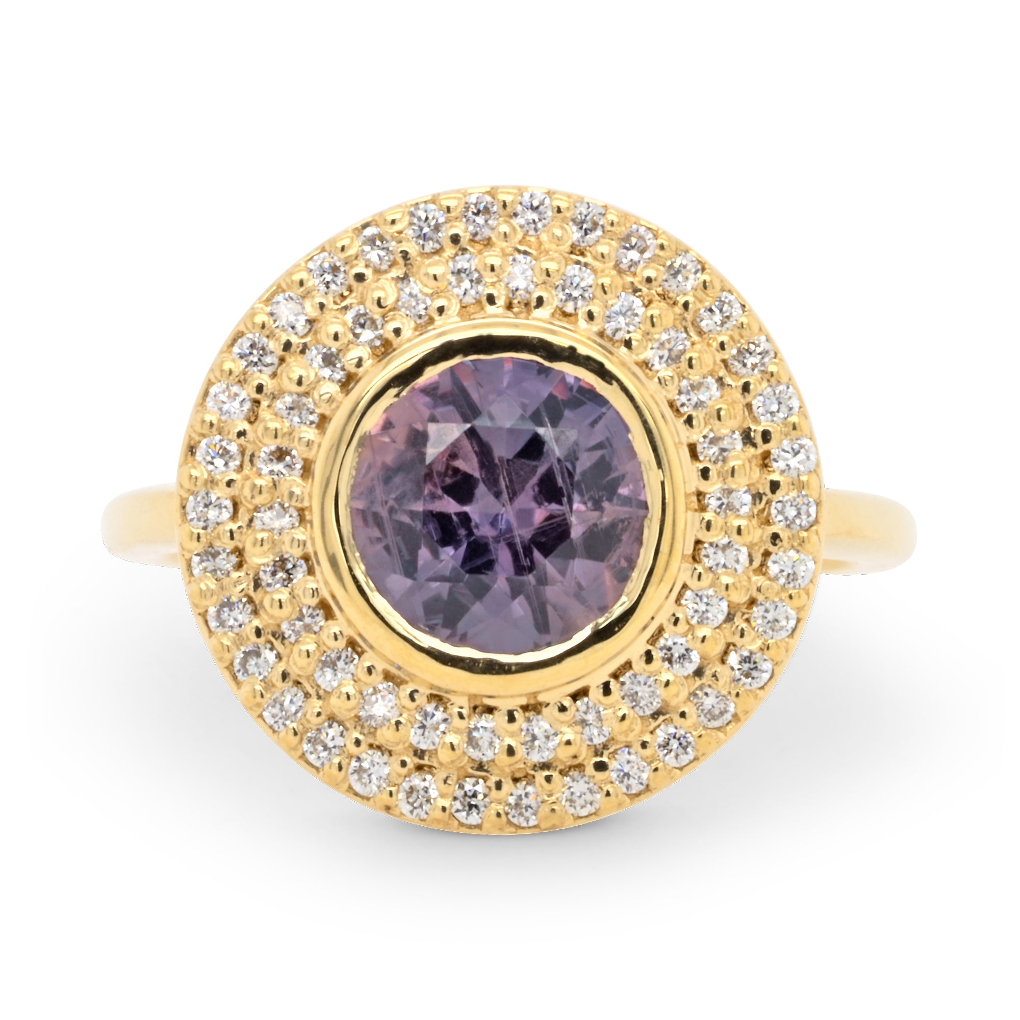 14k yellow gold engagement ring with a round purple sapphire and double halo of diamonds
