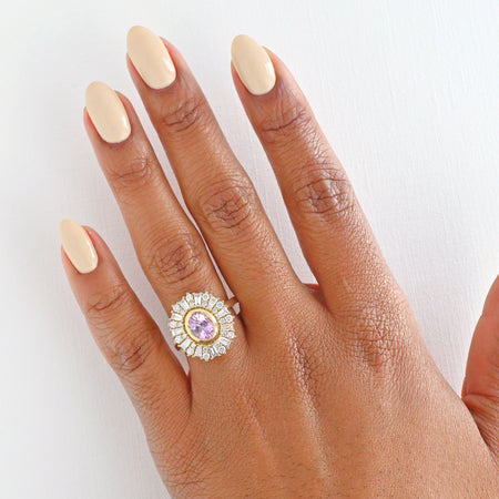 halo ballerina diamonds with pink sapphire ring