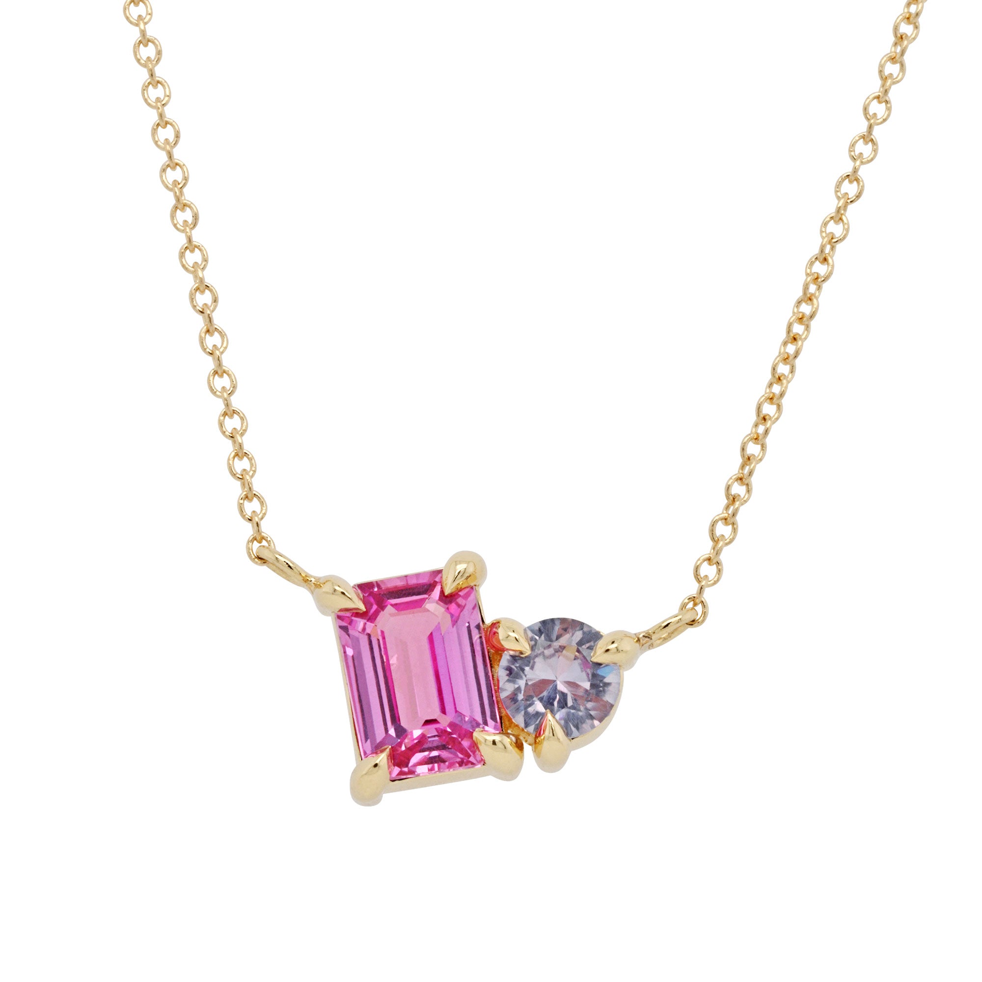 two stone necklace with pink emerald cut sapphire and montana sapphire 