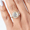 Selena 1ct Moissanite Halo Engagement Ring in yellow gold modeled on hand