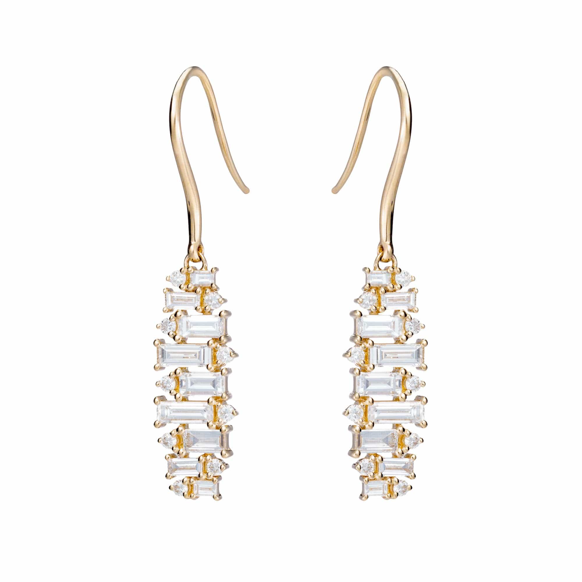 baguette earrings alternating as they dangle from north to south