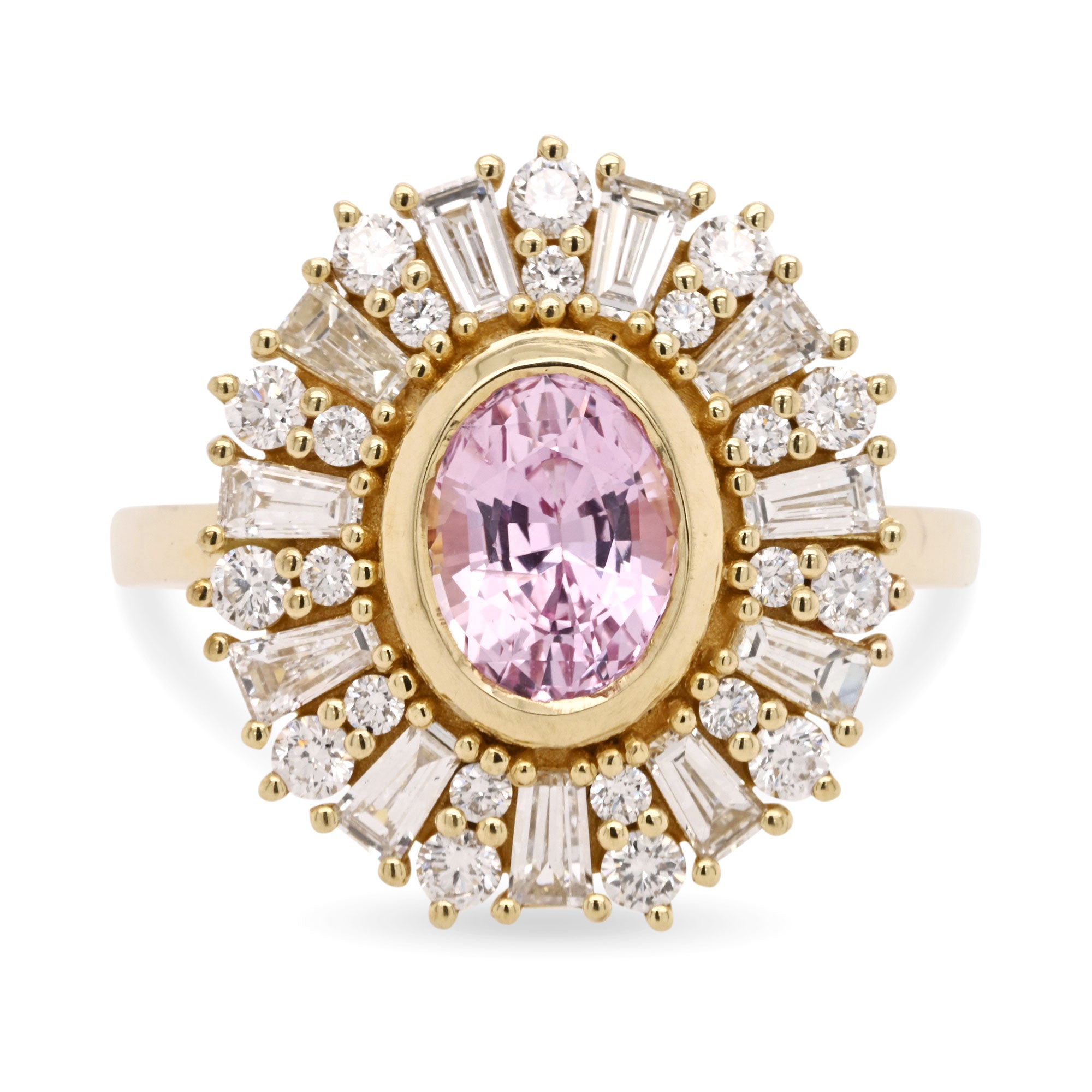 halo ballerina diamonds with pink sapphire ring