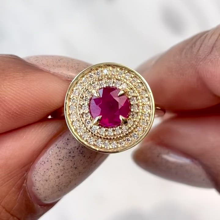 Video of 14 yellow gold double halo engagement ring with 1ct round ruby